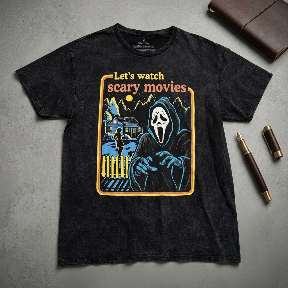 Ghost Face Scream Let's Watch Scary Movies Acid Wash T-Shirt Men's M NWOT